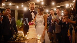 Beautiful Bride and Groom Celebrate Wedding at an Evening Reception Party with Multiethnic Friends. Married Couple Standing at a Dinner Table, Cutting Wedding Cake.