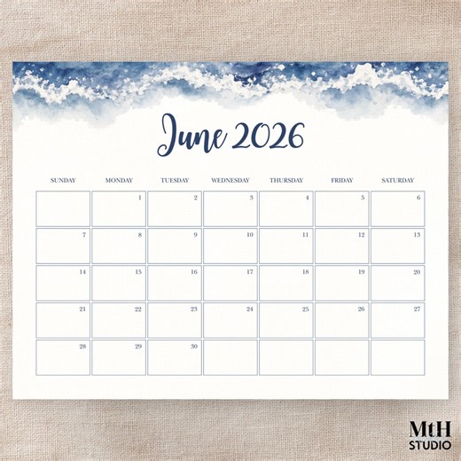 June 2026 Coastal Calendar Printable, Beach Monthly Planner, Summer Ocean Calendar, A4 US Letter, Monday & Sunday Start, Digital Download - Etsy