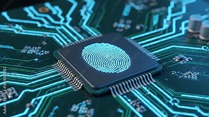 A glowing fingerprint icon on a computer processor chip, illustrating cybersecurity and biometric authentication concepts.