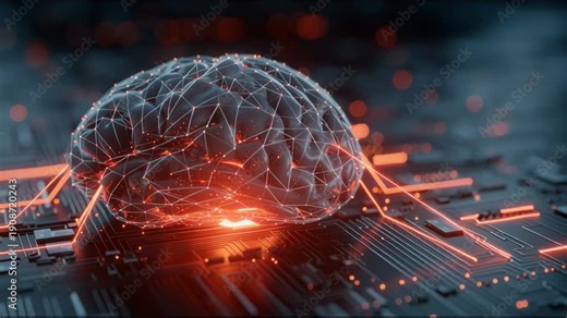 Network Firewall Shown as a Glowing Mesh in the Shape of a Human Brain on a Digital Circuit Board