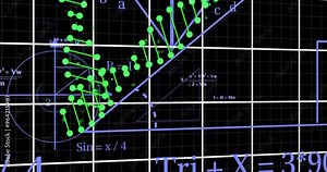Mathematical formulas and graphs with green data points over black grid background