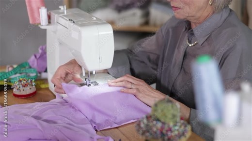 Close-up view of mature dressmaker's hands processing textile using sewing-machine in tailor's shop. High quality 4k footage