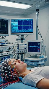 Patient Receives Electroencephalography Test with EEG Cap and Wires in Hospital Examination Room with Medical Equipment