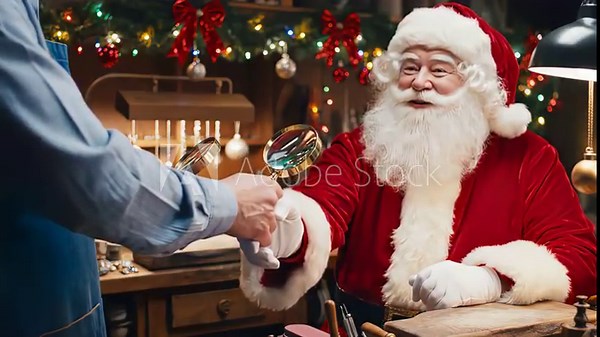 Santa Claus Shakes Hands with an Elf in his Workshop.
