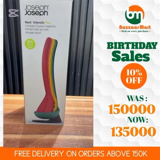 When nested the tools are held securely in place by small magnets in the handles. Made from toughened nylon, all tools are heat-resistant up to 200ºc/392ºf. Includes: perforated turner,spaghetti server, slotted spoon, cooking spoon, ladle and stand. dishwasher safe. | BazzaarMart