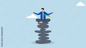 Mindfulness meditation to balance work and life, 4k animation of Serene and peaceful man practices meditation while seated on top of a pile of Zen rock pyramid.