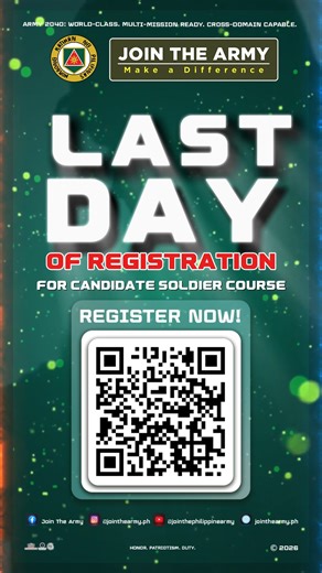 LAST DAY NA MGA KA - ARMY! Sa mga gusto pang humabol para makapag register sa Candidate Soldier Course (1st Recruitment Cycle), i - click lang ang link na nasa caption o I - scan ang QR na makikita sa video. REGISTER NOW! 𝐂𝐥𝐢𝐜𝐤 𝐭𝐡𝐞 𝐫𝐞𝐠𝐢𝐬𝐭𝐫𝐚𝐭𝐢𝐨𝐧 𝐥𝐢𝐧𝐤 𝐛𝐞𝐥𝐨𝐰: https://www.army.mil.ph/home/index.php/enlistment Follow us for more updates and information. #StrongUnitedReliable #StrongArmyStrongCountry #ServingThePeopleSecuringTheLand #AFPYouCanTrust #JoinTheArmy #MakeADiffe