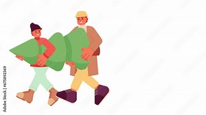 Christmas tree shopping together cartoon animation. Choosing fir 4K video motion graphic. Warm clothes caucasian father son carrying xmas tree 2D color animated characters isolated on white background