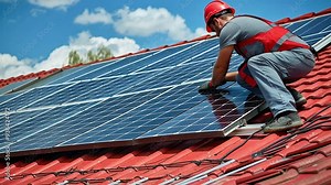 Male professional engineer installing solar photovoltaic panel system, Electrician mounting blue solar module technology on power industrial factory roof, Alternative energy ecological technician job