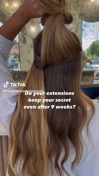 Do your extensions keep your secret? With IBE®️ your secret is safe throughout your entire wear period! #hairtutor #invisiblebeadextensions #hairtok #tiktoktrending
