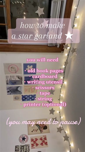 so super cute room decor to make instead of being on your phone!! (Inspired by @olivia ♡︎) #star #stargirl #lanadelrey #roomdecor #roominspo #aestheticroom #booktok #diy #diyroomdecor #decorating #downtowngirl #vanillagirl #fairylights #vintage #brandymelville #posters #howtomake #recycle #oldbooks #tutorial #stargarland #garland