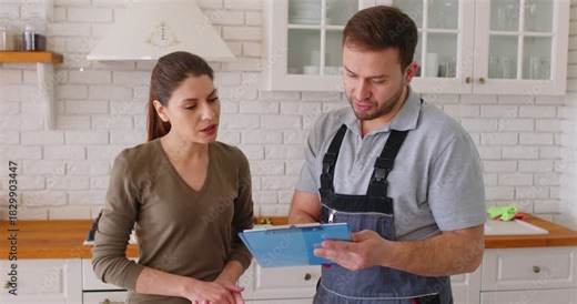Client and a handyman have a conversation in the kitchen, discussing a service estimate for home renovation. Professional consultation covers maintenance, repairs, and improvement planning.