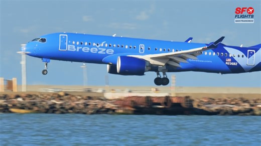 🛬💙 Breeze Airways Airbus A220 (N236BZ) Close-Up Landing at SFO -- #BreezeAirways #AirbusA220 #SFOAirport #PlaneSpotting #AviationLovers #AvGeek #sfflights | SF.Flights