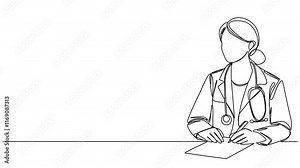 animated continuous line drawing of female medical doctor with stethoscope taking notes, line art animation