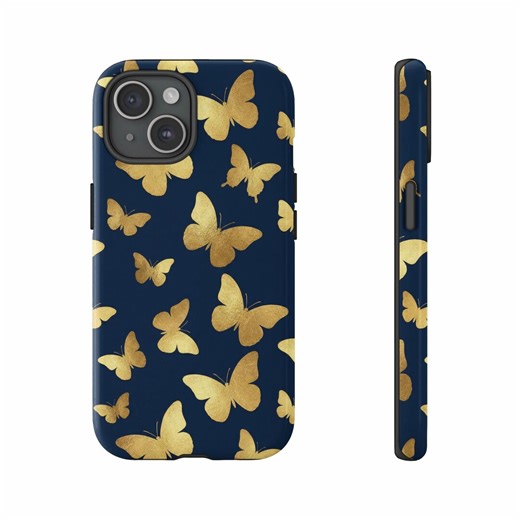 Golden Butterfly Phone Case, Navy Blue Shimmering Pattern, Chic Nature Accessory - Etsy