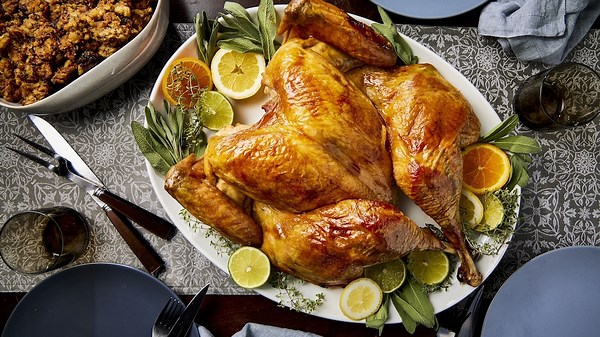 America's Test Kitchen sheet tray Thanksgiving recipes: Butterflied roast turkey with crispy potatoes and Brussels sprouts