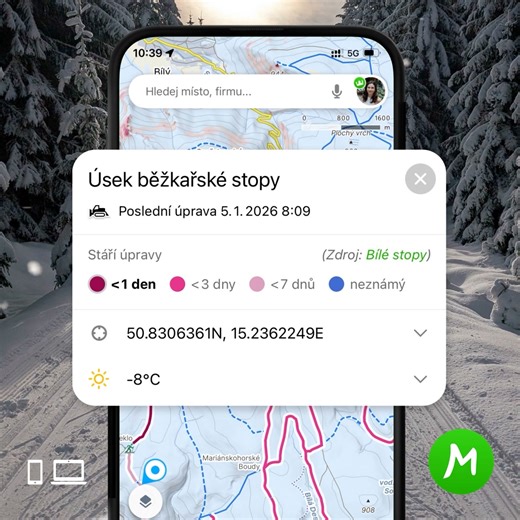 Chystáte se na běžky a chcete vědět, jak to aktuálně vypadá ve stopách? 🎿❄️ V zimní mapě Mapy.com snadno zjistíte, kdy byla trasa naposledy upravená i jaké počasí vás na místě čeká. Stačí do vyhledávání zadat ₉₉Běžkařská trasa". 🌨️ Kam vyrážíte nejraději na bílé stopy vy? | Mapy.com