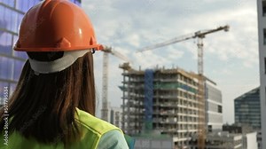 Female builder at a construction site oversees the progress of construction work.