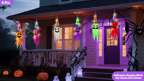 Halloween Decorations 6 Pcs Lighted Hanging Witch Hat Ghosts, 8 Modes Remote Control, 13 FT Long Halloween String Lights Holiday Decor for Indoor Outdoor Yard, Lawn, Scary Theme Party