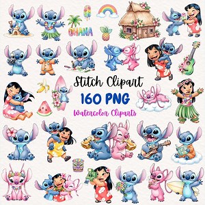 Stitch Lilo Watercolor Clipart, Cute Lilo Stitch Angel PNG, Stitch Birthday, Stitch Cake Topper, Hawaiian Cliparts, Stitch Angel Love PNG - Etsy