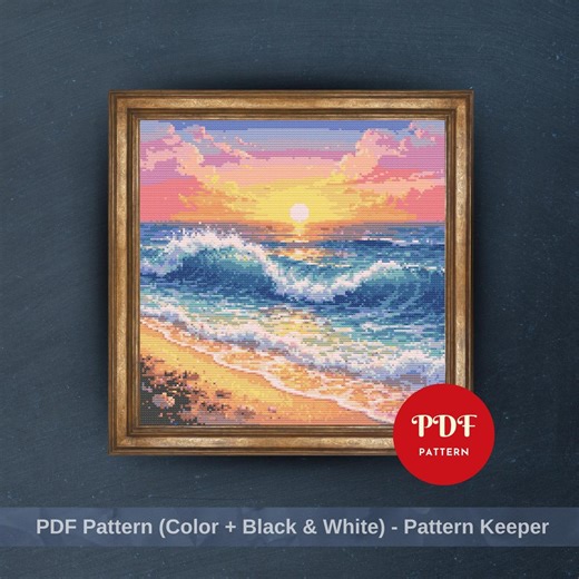 Ocean Sunset Cross Stitch Pattern PDF, Beach Waves Design (Pattern Keeper Compatible, Instant Download)