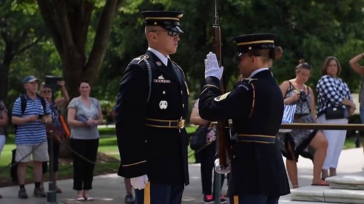 The sentinels of the Army's 3rd Infantry Regiment have been holding guard at the Tomb of the Unknown Soldier since 1948. Here, the sentinels demonstrate the Changing of the Guard, a meticulous ceremony conducted every thirty minutes in the spring and summer, and every hour in the fall and winter. During the ceremony, a relief commander conducts a white-gloved inspection of the incoming sentinel’s weapon, and orders him to pass his orders to the current guard. This process involves a series of pr