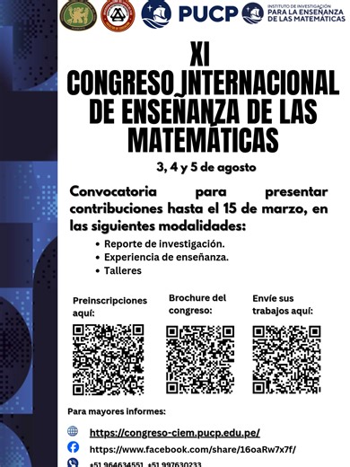 📐 XI Congreso Internacional de Enseñanza de las Matemáticas – 2026 📅 Fechas importantes: ✔ Envío de contribuciones hasta el 15 de marzo. ✔ Desarrollo del congreso 3, 4 y 5 de agosto de 2026 📍 Huancayo – Perú 📷 Informes: https://congreso-ciem.pucp.edu.pe/ xi.ciem.cmi.uncp@gmail.com 📞 51 964 634 551 | 51 997 630 233 📝 Descarga las plantillas para presentar tu trabajo aquí: https://docs.google.com/forms/d/e/1FAIpQLSfMjP3ROOqzYmRY1wzc53ytsUDOmMMXAvHMKjcRkI3FNP073g/viewform #matematica #capacit