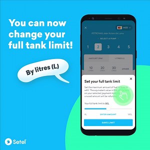 You can now set your full tank limit before refuelling with Setel! Why is it this good for you? Your pre-authorisation hold from your CardTerus transaction will be based on the full tank amount set by you. Set your limit by litre or RM, it's all under your control! 😁 Here's how: 1. Arrive at PETRONAS station. 2. Launch Setel app. 3. Select pump and change the fuel tank limit. 4. You can opt to change tank full limit by litre or by an amount. 5. Pay for fuel and start refuelling! Stop by at a PE