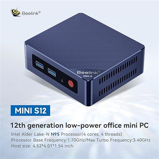 Beelink Mini PC, Mini S12 Mini Computer mit Alder Lake-N95 (4C/4T), Max Turbo 3.4GHz, 12G Single Channel LPDDR5 4800MT/s, 512G M.2 STAT3 SSD, Unterstützung WiFi 5/2500Mbps LAN/BT 4.2/Dual HDMI
