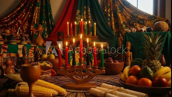 A traditional Kwanzaa celebration table setting with a Kinara, lit candles, fresh fruits, and cultural symbols for the holiday.