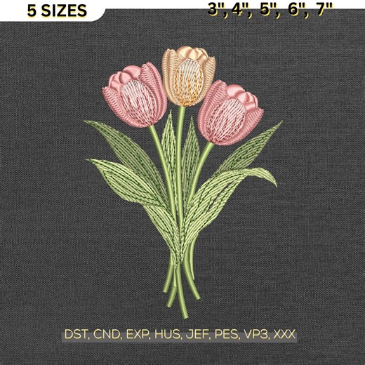 Tulip Embroidery Design, Spring Flower Pattern, Botanical Machine File DST PES | Digital Download - Etsy