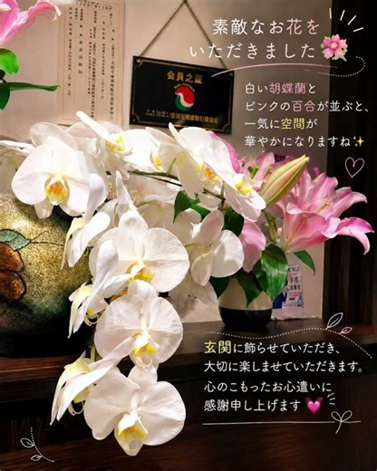 素敵なお花をいただき、さっそく玄関に飾らせていただきました💐白い胡蝶蘭とピンクの百合が並び、空間が一気に華やかに✨ ご来店いただくお客様にも、季節の彩りを感じていただけそうです。