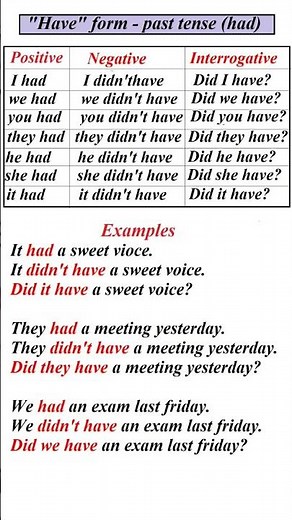 Have form - past tense (had) - positive, negative and interrogative. #english #englishgrammar