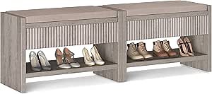 Yechen Modern Fluted Shoe Bench - Entryway Bench with Lift Top Storage, Wood Shoe Bench with Linen Seat Cushion and Shelf, Shoe Rack Organizer for Entryway, Hallway, Bedroom, Grey Oak, 2PCS