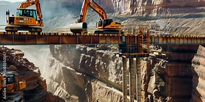 Engineers installing support beams for a bridge over a rugged canyon, 4K Video
