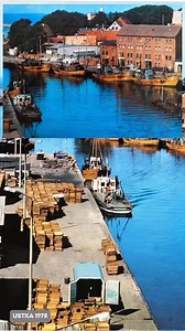 ✨ Port w Ustce, rok 1975! Możecie zobaczyć port dokładnie takim, jakim był w połowie lat 70. 🌊⚓ Widać na nim zacumowane żółte kutry rybackie, charakterystyczne dla tamtego okresu, ustawione wzdłuż wschodniego nabrzeża. Ich zielone nadbudówki i maszty do obsługi sieci tworzą klimat dawnych lat, w których port tętnił codzienną pracą. ⚒️🛠️ Za nabrzeżem stoją ceglane magazyny, warsztaty i zabudowania portowe, proste, użytkowe, typowe dla nadmorskich miast tamtego czasu. Między nimi widać też skrzy