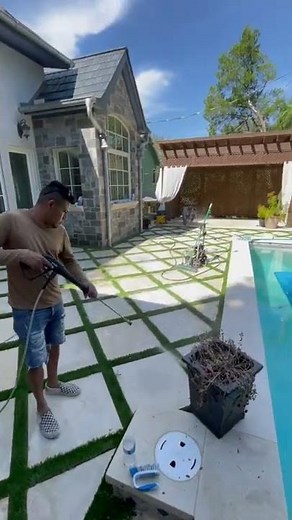 Limestone pavers with artificial turf ribbons