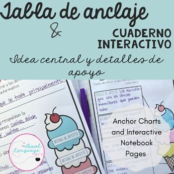 Central idea anchor chart and notebook in Spanish - idea principal y detalles