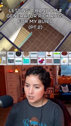 GabyGlimmers on Instagram: "Random Number Generator Decides My Build Full VOD on YouTube 💛 (link in bio) I decided to use a random number generator to pick a random rug and color swatch for each room in an apartment. Then we decorated that room according to the rug we were assigned. This video is a summary of Part 2 of our Random Rug Challenge. Video Description: Gaby (bottom of screen), a fem person with brown hair and eyes, a curly pixie cut, plays Sims 4 (top of screen). They count out which