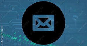 Animation of message icon over interface with data processing against blue background