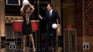 Watch Jimmy Fallon & Nina Dobrev Play Giant Beer Pong