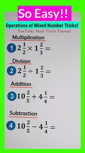 3 Minutes Hack: How Multiply, Divide, Add and Subtract Mixed Numbers? Follow & Like our Page for MORE Tricks Videos! 🔴 Facebook: Math Tricks Tutorial 👇👇👇 https://www.facebook.com/MathTricksTutorial 🔴 Facebook Group: Math Tricks Tutorial 👇👇👇 https://www.facebook.com/groups/851236926077371/?ref=share_group_link 🔴 YouTube: Math Tricks Tutorial 👇👇👇 https://www.youtube.com/@MathTricksTutorialVideos 🔴 Instagram: Math Tricks Tutorial 👇👇👇 https://www.instagram.com/math_tricks_tutorial/ �