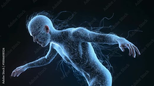Leaning wireframe humanoid moving by pulse, sending filaments and nodes in dark void, showing data