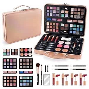 Multipurpose Makeup Kits for Teens Girls, Travel Makeup Set Non-toxic, Makeup Gift for Women Teen, Eyeshadows Blushes Bronzer Highlighter Concealer Lipgloss Eyeliner Lipliner Brushes Gold Case