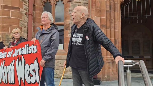Eamonn McCann speaking at the Derry and North West NUJ Vigil at the Guildhall for Palestinian journalists murdered by Israel in Gaza. | Eamonn McCann