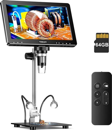 TOMLOV DM9 Max 10,1-Zoll HDMI Digitales Mikroskop, 20MP LCD Vergrößerung Microscope für Münzbeobachtung/PCB-Löten, mit HD IPS Bildschirm, 10 Einstellbare LED-Leuchten, PC/TV-Kompatibel, 64 GB
