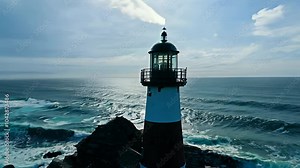 Camera fly around a lighthouse with a rotating beacon light, featuring a spiral staircase and rocky coastline.