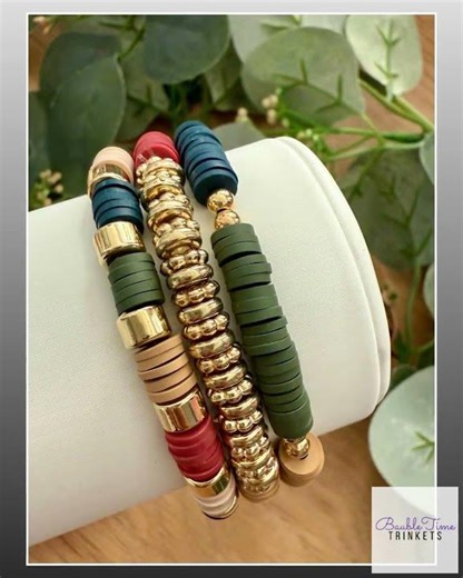 Handmade Clay Bead Bracelet Stack in Nature-Inspired Colors