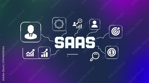 Cloud-based 3D SAAS software as a service business model concept with floating subscription icons on a digital platform.