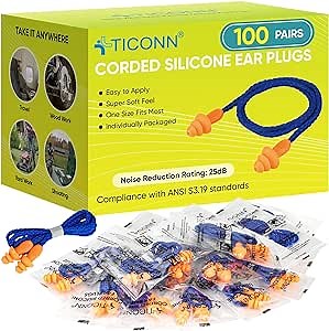 TICONN 100 Pairs Reusable Silicone Ear Plugs for Sleeping Noise Cancelling, Individually Wrapped 25dB NRR Corded Earplugs for Study Concentration Travel (100 Pairs)
